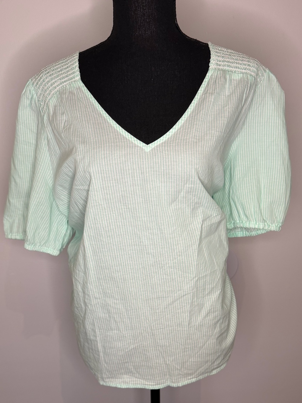New J. Crew Cotton V-Neck Green Pinstripe Puff Sleeve Cotton Top - Size XL